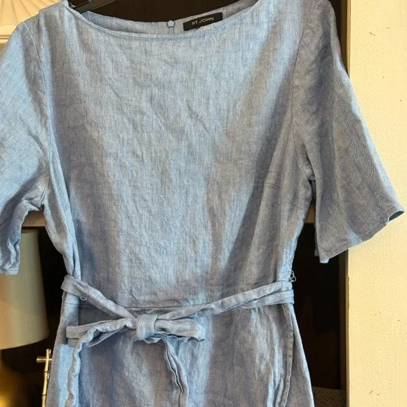 St. John sz 10 Linen blend midi dress boatneck belted - Picture 4 of 5
